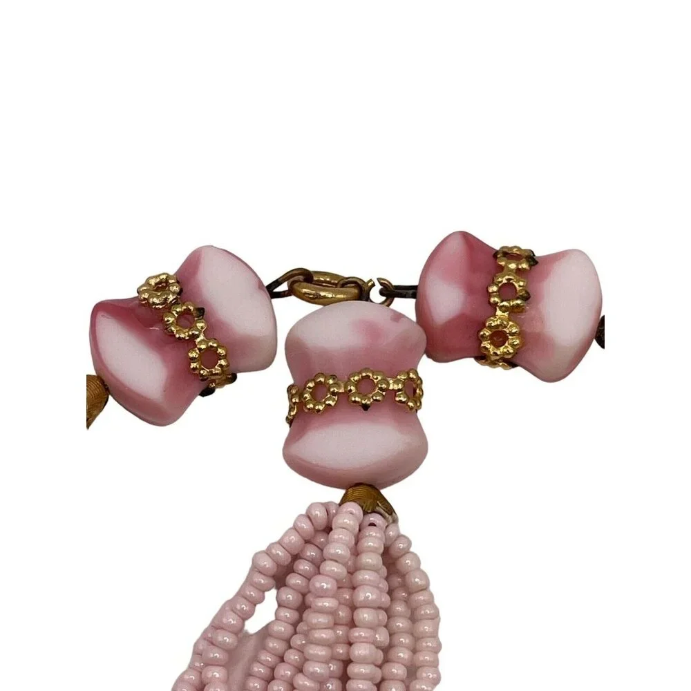 VTG Pink Seed Bead Milk‎ Glass Multi Strand Braided Tassel Necklace Earring Set